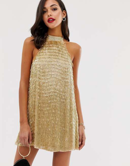 ASOS DESIGN high neck mini dress in gold tassle embellishment