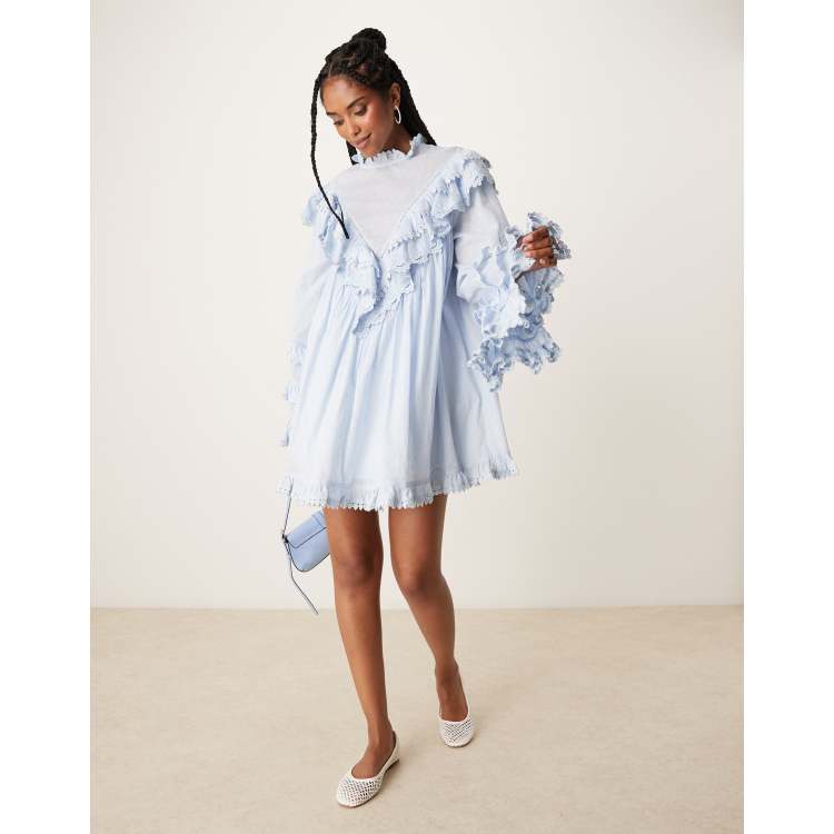ASOS DESIGN high neck mini dress with angled frills in soft blue