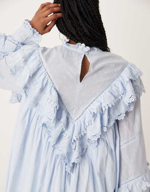 ASOS DESIGN high neck mini dress with angled frills in soft blue