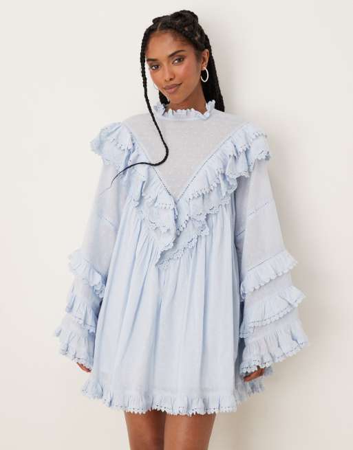 ASOS DESIGN high neck mini dress with angled frills in soft blue