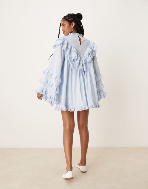 ASOS DESIGN high neck mini dress with angled frills in soft blue