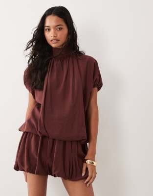 Asos Design High Neck Mini Dress With Bubble Hem In Brown