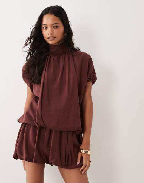 ASOS DESIGN high neck mini dress with bubble hem in chocolate brown - view 1
