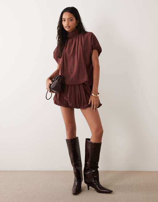ASOS DESIGN high neck mini dress with bubble hem in chocolate brown, 2 of 4