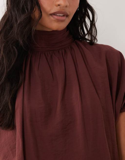 ASOS DESIGN high neck mini dress with bubble hem in chocolate brown, 4 of 4