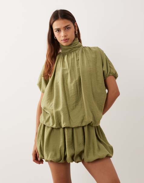 ASOS DESIGN high neck mini dress with bubble hem in sage - view 1