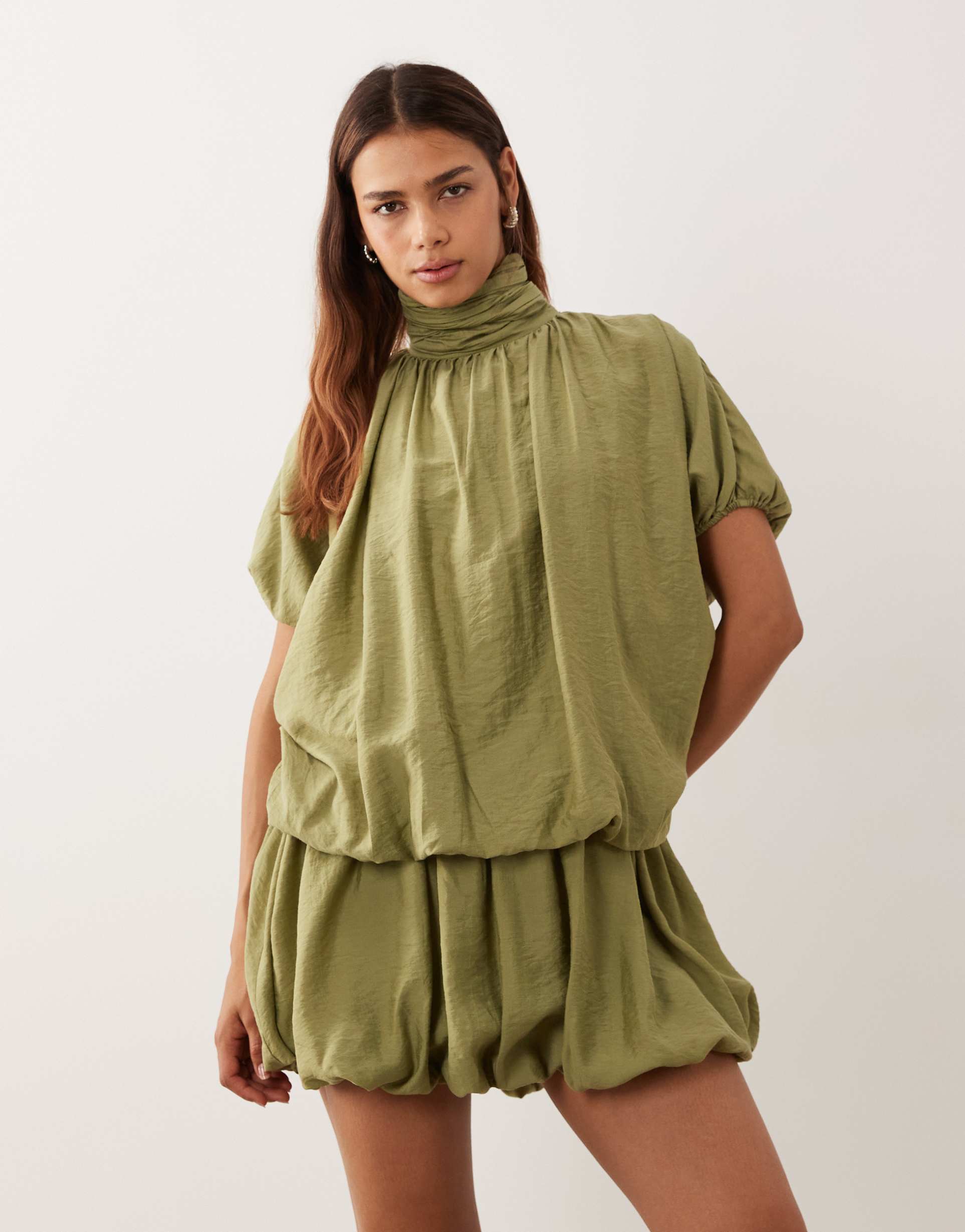 asos design high neck mini dress with bubble hem in sage