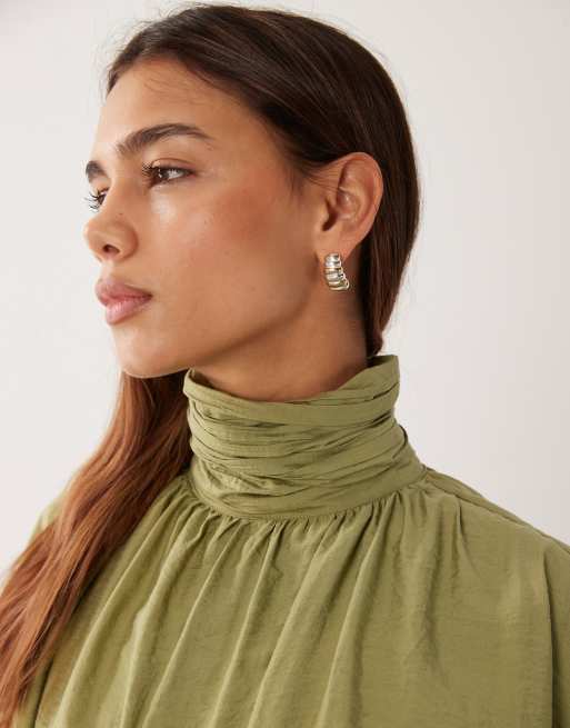 ASOS DESIGN high neck mini dress with bubble hem in sage, 3 of 4