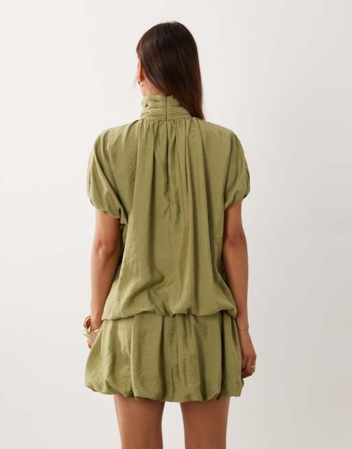 ASOS DESIGN high neck mini dress with bubble hem in sage, 4 of 4