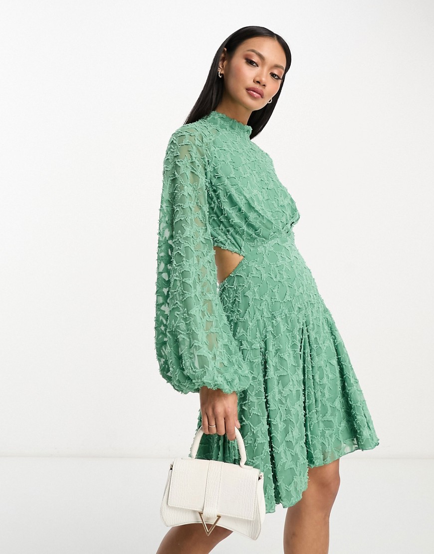 ASOS DESIGN high neck mini dress with cut out detail in star jacquard-Green