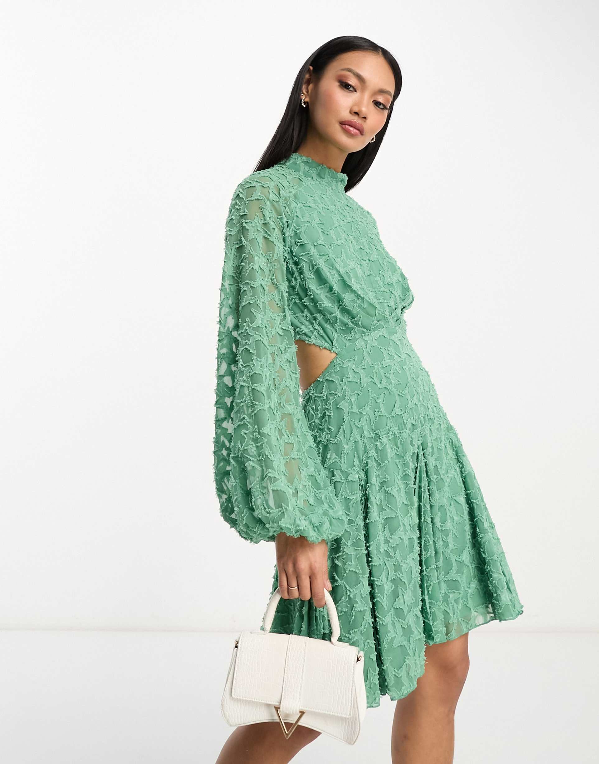 asos design high neck mini dress with cut out detail in star jacquard