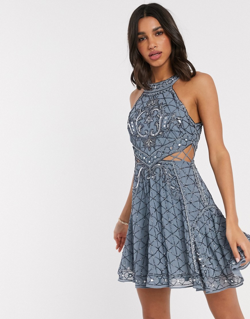 ASOS DESIGN high neck mini dress with cut outs and godets in embellishment-Blue