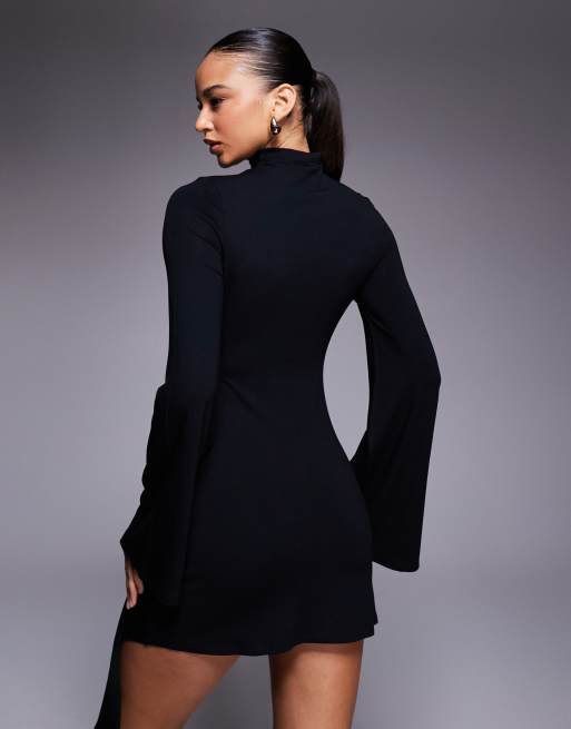 ASOS DESIGN high neck mini dress with gathered hardware trim detail in black