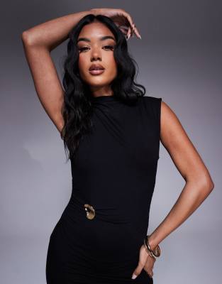 Asos Design Grown On Neck Mini Dress With Ruched Sides In Black In Black