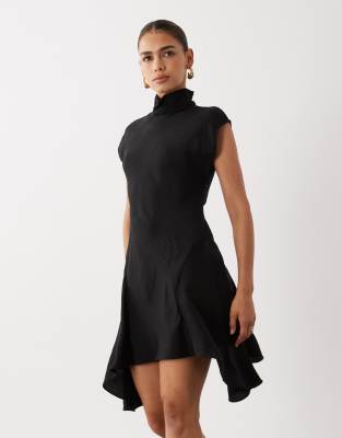 Asos Design High Neck Mini Dress With Hanky Hem In Black