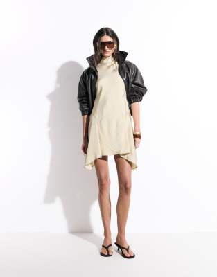 Asos Design High Neck Mini Dress With Hanky Hem In Yellow