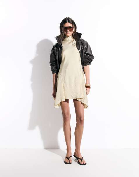 ASOS DESIGN high neck mini dress with hanky hem in buttermilk - view 1