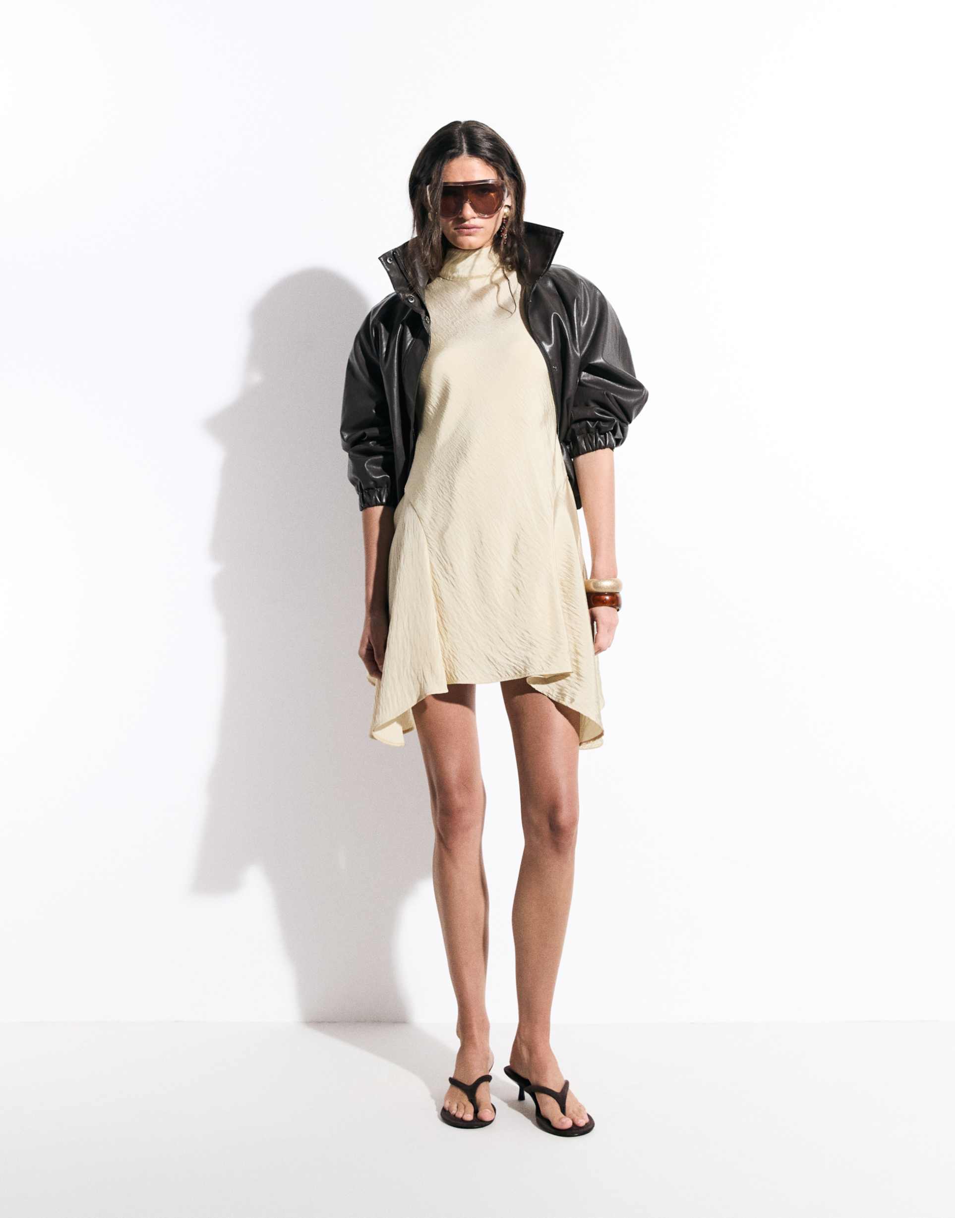 asos design high neck mini dress with hanky hem in buttermilk