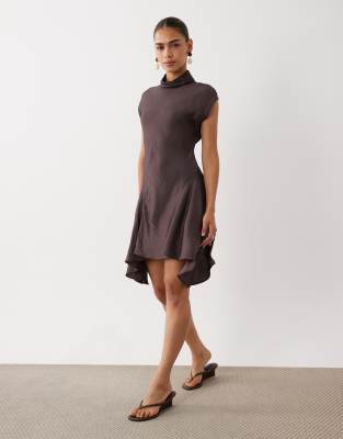 Asos Design High Neck Mini Dress With Hanky Hem In Brown