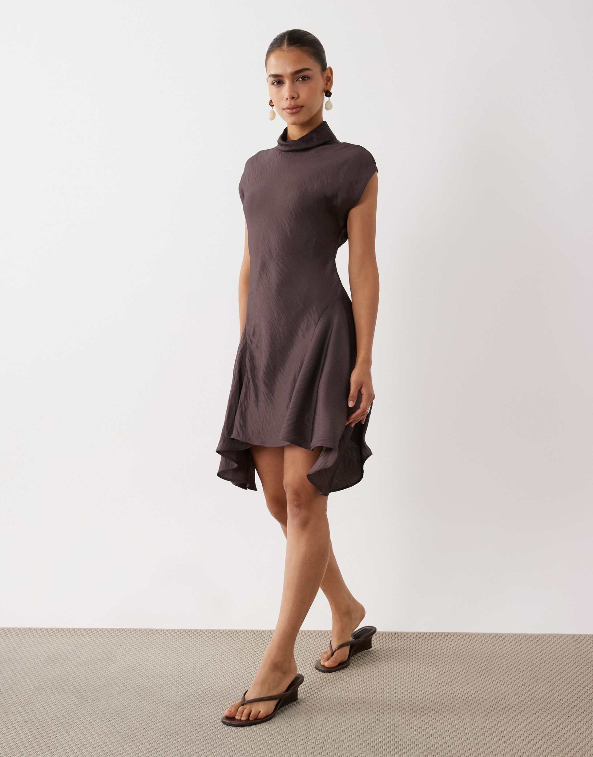 asos design high neck mini dress with hanky hem in chocolate brown