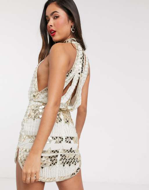 Charlyia white premium halterneck best sale sequin tassel bodycon dress