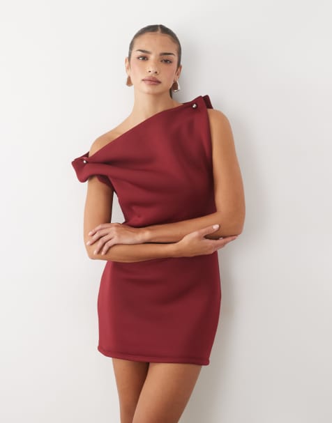ASOS DESIGN high neck mini dress with silver hardware in wine scuba-style fabric - view 1