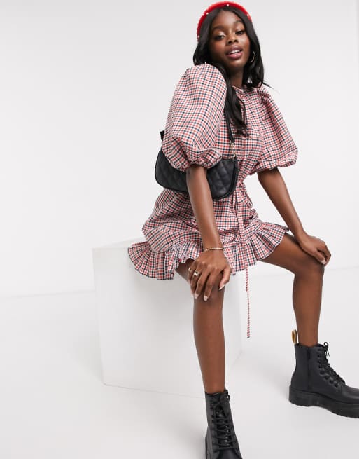 ASOS DESIGN high neck mini smock dress with drawstring waist in gingham