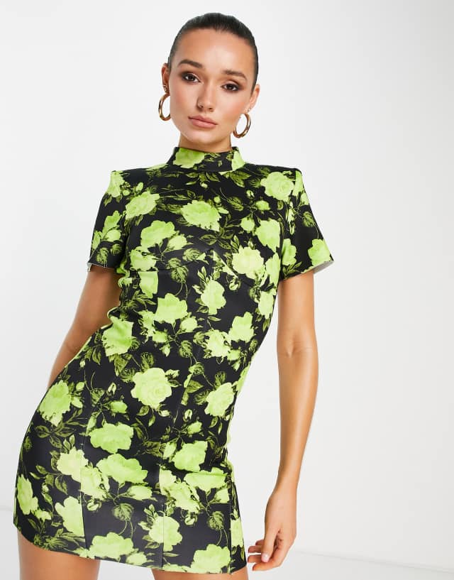 ASOS DESIGN high neck mini t shirt dress in lime floral