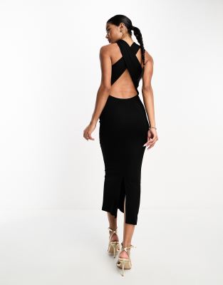 Asos Design High Neck Ruched Midi Dress In Black