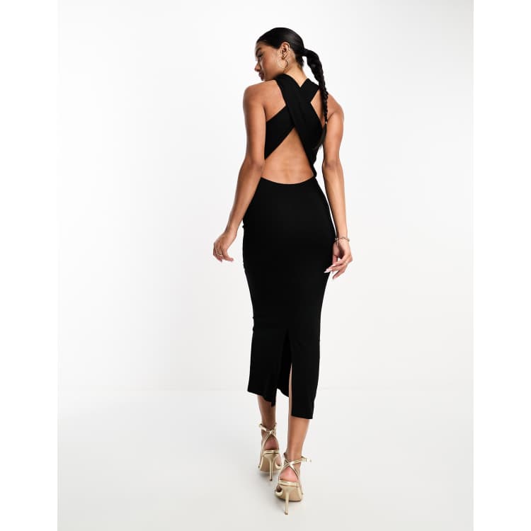 ASOS DESIGN high neck minimal halter midi dress with cross back in black