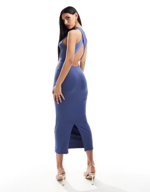 ASOS DESIGN high neck minimal halter midi dress with cross back in slate blue, 4 of 4