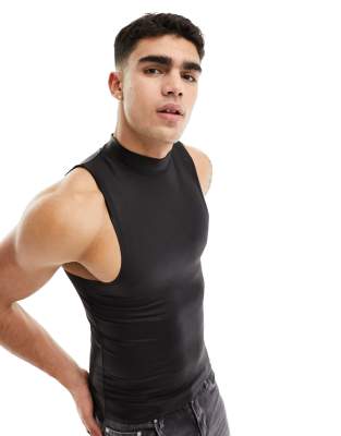 high neck muscle fit tank in faux leather in black