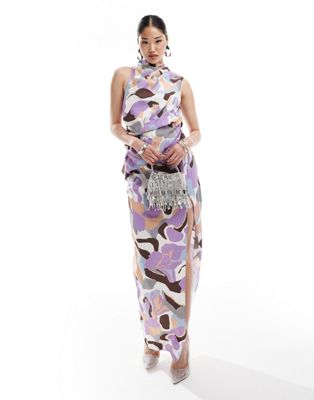 ASOS DESIGN high neck one shoulder drape maxi dress with thigh split in abstract print