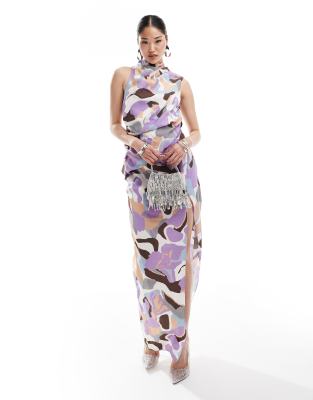 Asos Design High Neck One Shoulder Drape Maxi Dress With Thigh Split In Abstract Print-multi