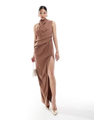 ASOS DESIGN high neck one shoulder drape maxi dress with thigh split in brown