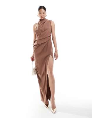 ASOS DESIGN high neck one shoulder drape maxi dress with thigh split in brown