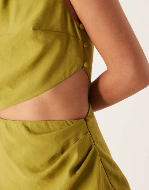 ASOS DESIGN high neck one shoulder maxi dress with batwing sleeve and cut out in olive green, 4 of 4