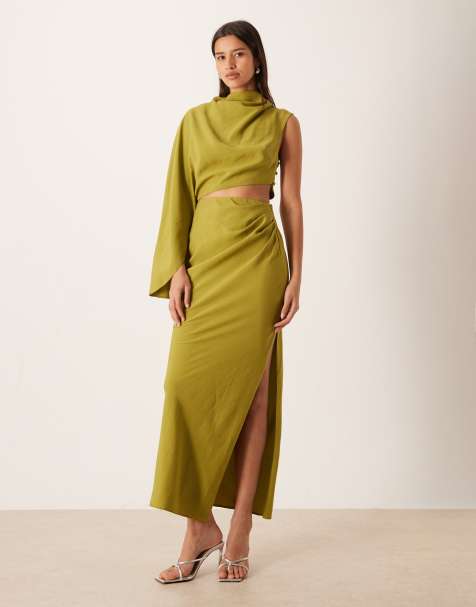 ASOS DESIGN high neck one-shoulder maxi dress with batwing sleeve and cutout in olive green - view 1