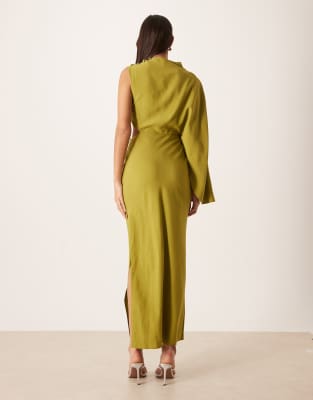 Asos Design High Neck One-shoulder Maxi Dress With Batwing Sleeves And Cut-out In Green