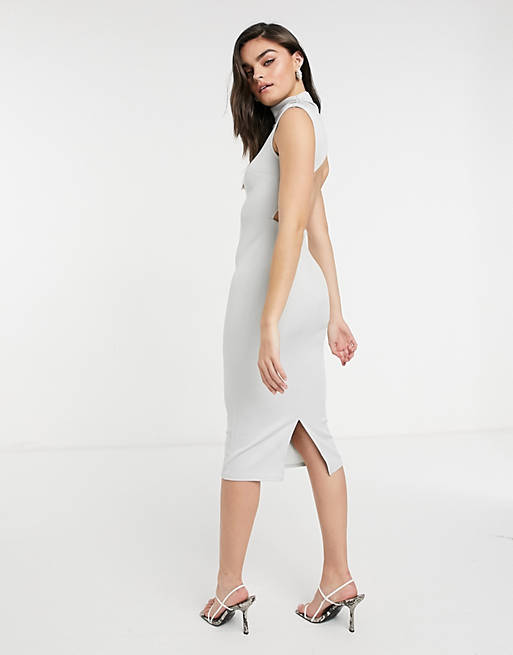  high neck open back midi dress with padded shoulders in dusky grey 