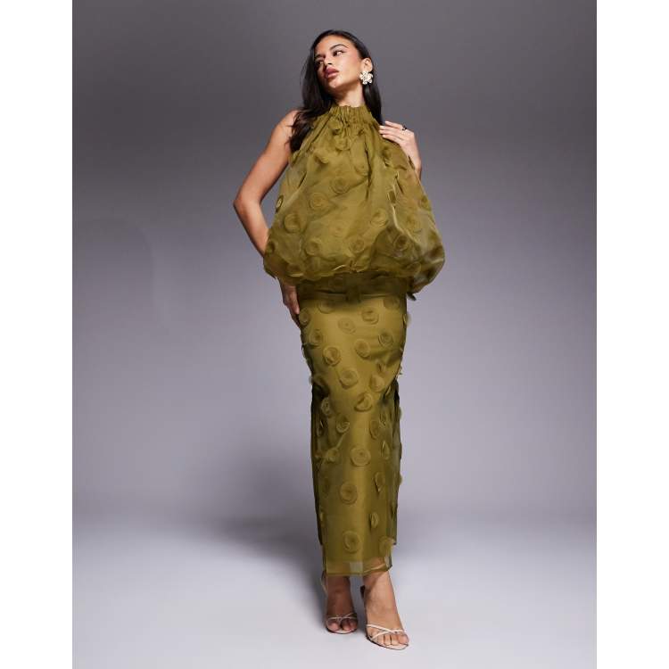 asos luxe organza ruched halter neck maxi dress ASOS DESIGN high neck organza halter maxi dress in dark green