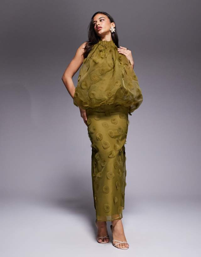 long green dress asos DESIGN high neck organza halter maxi in dark Golden silk indo western for women