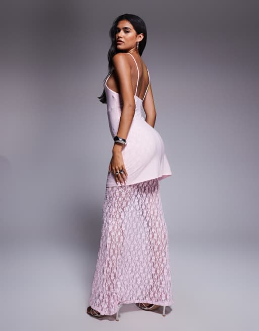 ASOS DESIGN high neck peplum maxi dress with bodice and lace skirt in light pink