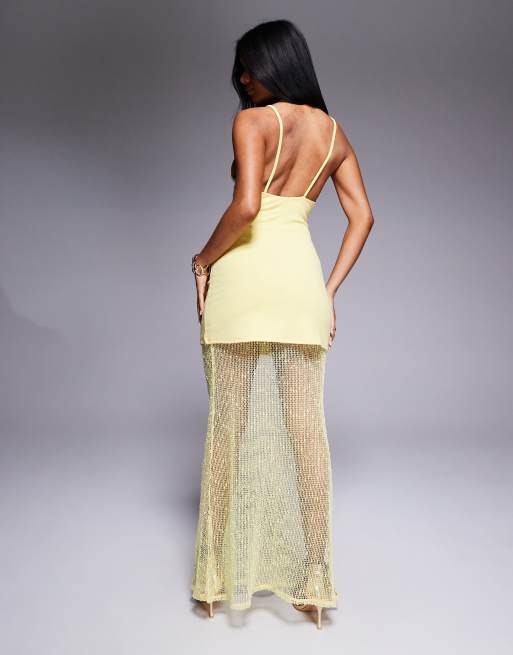 ASOS DESIGN high neck peplum maxi dress with printed bodice and sheer skirt in lemon
