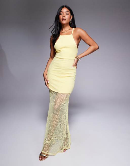 ASOS DESIGN high neck peplum maxi dress with printed bodice and sheer skirt in lemon