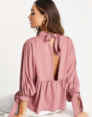 ASOS DESIGN high neck peplum top in brick stripe-pink