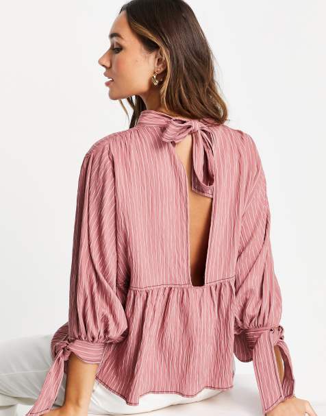 ASOS DESIGN high neck peplum top in brick stripe - view 1
