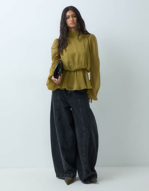 ASOS DESIGN high neck peplum top in ecru olive, 2 of 5