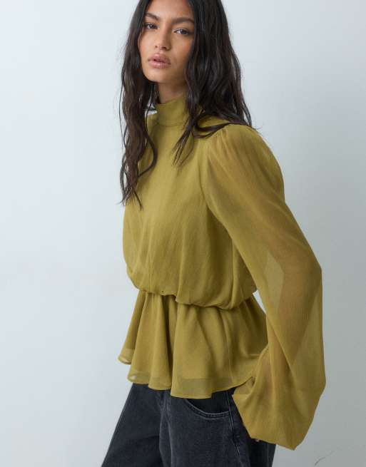 ASOS DESIGN high neck peplum top in ecru olive, 3 of 5