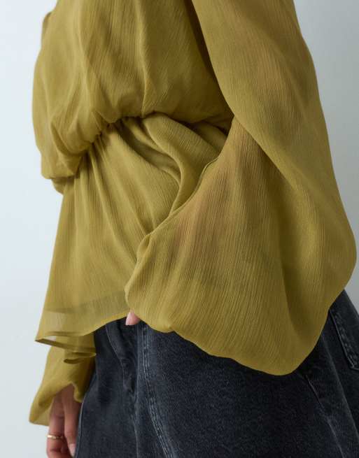 ASOS DESIGN high neck peplum top in ecru olive, 4 of 5